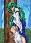  back bare_shoulders blush breasts detached_sleeves footwear forest green_eyes green_hair hair_ornament hair_tubes kochiya_sanae nature open_mouth rain skirt snake sock_pull socks solo touhou traditional_media traditonal_media tree wet wet_clothes yadokari_genpachirou 