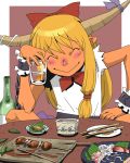  blonde_hair bow chain chains chopsticks closed_eyes cuffs cup eyes_closed face food hair_bow happy horn_ribbon horns ibuki_suika long_hair manacles onikobe_rin orange_hair ribbon sake shackles sitting smile solo touhou wrist_cuffs 