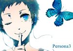  black_hair blue_eyes butterfly child headphones male persona persona_3 pharos shuu_moto simple_background solo wink 