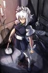  bad_id bottle candle clenched_hand fist from_above izayoi_sakuya kentoyuusuke knife maid maid_headdress perspective shoes short_hair short_sleeves silver_hair solo throwing_knife touhou weapon white_legwear wrist_cuffs 