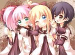  black_hair blonde_hair blue_eyes blush bow brown_eyes funami_yui green_eyes grin hidden_face hug long_hair pink_hair red_hair redhead school_uniform short_hair smile tirumu toshinou_kyouko twintails v wink yoshikawa_chinatsu yuru_yuri 