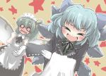  &gt;_&lt; alternate_costume apron blue_hair blush bow bowing butler cirno commentary_request daiyousei embarrassed enmaided fairy_wings formal gaoo_(frpjx283) gloves green_hair hair_bow large_bow maid maid_headdress multiple_girls o_o open_mouth ribbon short_hair side_ponytail smile star touhou towel wavy_mouth wings xd 
