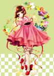 brown_hair checkered checkered_background choker dress flower green_background hair_ornament hairpin highres kneehighs mary_janes pink_dress reala red_eyes see-through shoes short_hair smile solo tales_of_(series) tales_of_destiny_2 white_legwear wrist_cuffs yoko_(shiocolor) 