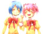 bad_id blue_hair bow closed_eyes eyes_closed grin gxolxssxsxr hair_ornament hair_ribbon hairclip hand_holding happy holding_hands kaname_madoka mahou_shoujo_madoka_magica miki_sayaka multiple_girls open_mouth pink_hair ribbon school_uniform short_hair short_twintails smile twintails 