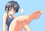  barefoot blue_eyes blue_hair blush copyright_request face feet foreshortening leg_up legs oyatsu_(mk2) pov_feet short_hair simple_background soles solo swimsuit toes 