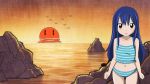 1girl absurdres bare_shoulders beach bird birds blue_hair blush blush_stickers brown_eyes fairy_tail fist hayateayasaki highres long_hair looking_at_viewer marvell midriff navel ocean open_mouth solo sunset swimsuit wendy wendy_marvell |_| 