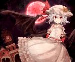  arms_behind_back bad_id bat_wings black_gloves blue_hair clock clock_tower colored_eyelashes dress elbow_gloves fangs flower full_moon gloves hat hato_satobeni hisona_(suaritesumi) moon night open_mouth pink_dress red_eyes red_moon remilia_scarlet scarlet_devil_mansion short_hair slit_pupils smirk solo touhou tower wings 