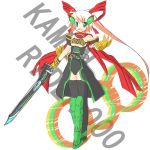  coin detached_sleeve female garoudo_(kadouhan&#039;i) garoudo_(kadouhan'i) gauntlets genderswap green_eyes kamen_rider kamen_rider_ooo kamen_rider_ooo_(series) personification pink_hair rider-tan scarf solo sword thighhighs weapon 