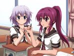  blue_eyes chair desk glasses grey_hair ikeda_chitose lavender_hair multiple_girls payot pen ponytail purple_eyes purple_hair sitting smile sugiura_ayano vfenster violet_eyes wallpaper yuru_yuri 