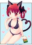  animal_ears bikini bow bracelet braid cat_ears cat_tail collarbone extra_ears hair_bow hair_rings heart heart_tail jewelry kaenbyou_rin midriff mochiya_marosuke multiple_tails navel pretz red_eyes red_hair redhead solo swimsuit tail touhou twin_braids twintails 