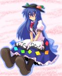 blue_hair blush boots cross-laced_footwear food fruit haruka_(kokuteizyo) harukatron hat hinanawi_tenshi lace-up_boots long_hair peach red_eyes sitting skirt solo tears touhou v_arms