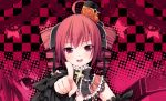 ahoge blush checkered checkered_background cross drill_hair guitar hair_ribbon hat highres hintei_glasses instrument kasane_teto looking_at_viewer mini_top_hat open_mouth pointing pointing_at_viewer red_eyes red_hair redhead ribbon short_hair solo top_hat twin_drills utau zoom_layer 