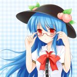  bespectacled blue_hair blush bow bust food fruit glasses hat hinanawi_tenshi long_hair nikoo peach red-framed_glasses red_eyes ribbon solo touhou 