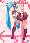  absurdres alternate_costume aqua_eyes aqua_hair bent_over blush boots detached_collar gloves hatsune_miku highres kinniku1234 long_hair midriff skirt smile solo standing tank_top twintails very_long_hair vocaloid wink 