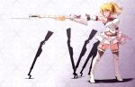  bayonet blonde_hair blue_eyes breasts character_request earrings gun highres jewelry large_breasts mahou_shoujo_madoka_magica midriff navel parody ponytail rifle ryo-ma thigh-highs thighhighs weapon 