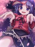  beret blue_eyes blue_hair blurry blush blush_stickers cherry_blossoms depth_of_field foreshortening hat highres lzh miyako_yoshika night ofuda open_mouth outstretched_arms petals purple_eyes purple_hair skirt smile solo star_(sky) tombstone touhou tree violet_eyes zombie_pose 