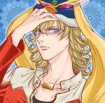  animal_hat bad_id barnaby_brooks_jr blonde_hair blue_eyes cosplay crossover glasses hand_on_hat hat jacket jewelry luckyhiro_7 male mawaru_penguindrum necklace parody penguin_hat princess_of_the_crystal princess_of_the_crystal_(cosplay) red_jacket season_connection solo tiger_&amp;_bunny 