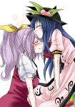  blue_hair blush breasts closed_eyes eyes_closed forehead_kiss hair_ornament hat hinanawi_tenshi kiss long_hair multiple_girls ponytail purple_hair touhou unya watatsuki_no_yorihime yuri 