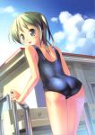  :d absurdres ass black_hair blue_eyes blush cloud drinking_fountain dutch_angle from_behind highres looking_back one-piece_swimsuit open_mouth original pool pool_ladder school_swimsuit shiny shiny_clothes sky smile solo swimsuit takoyaki_(roast) twintails wet wet_clothes 