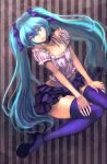  aqua_hair hair_ribbon hatsune_miku high_heels high_res highres long_hair midriff purple_legwear ri-ko ribbon shoes sitting skirt striped striped_background thigh-highs thighhighs twintails very_long_hair vocaloid 