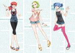  3girls blue_eyes blue_hair bracelet breasts casual contemporary corn_(pokemon) dent_(pokemon) double_bun double_buns dress fashion flat_chest genderswap green_eyes green_hair gym_leader hair_over_one_eye hairband highres jewelry large_breasts long_hair multiple_girls nail_polish necklace open_mouth pink_legwear pink_thighhighs pod_(pokemon) pokemon pokemon_(game) pokemon_black_and_white pokemon_bw ponytail red_eyes red_hair redhead sandals short_hair shorts siblings sisters small_breasts smile thigh-highs thighhighs 