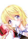  blonde_hair blush breasts charlotte_dunois cleavage infinite_stratos mouth_hold purple_eyes ribbon_in_mouth solo tsuchu violet_eyes 