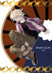  blonde_hair boots glowing ivan_karelin jacket letterman_jacket male origami paper_crane purple_eyes purple_jacket short_hair solo tiger_&amp;_bunny violet_eyes yunvshen 