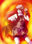  absurdres adapted_costume alternate_eye_color beret bow braid clenched_hand fingerless_gloves fire fist gloves grey_eyes hair_bow hat highres hong_meiling long_hair parano red red_hair redhead skirt solo star torn_clothes touhou twin_braids zipper 