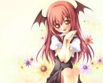  bat_wings floral_background flower hair_wings hands_together head_wings koakuma long_hair open_mouth red_eyes red_hair redhead sitting smile solo the_embodiment_of_scarlet_devil tirumu touhou wings 