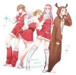  4boys animal_costume antlers blonde_hair braid christmas diego_brando grey_hair gyro_zeppeli johnny_joestar jojo_no_kimyou_na_bouken multiple_boys reindeer_costume sack sandman_(sbr) santa_costume steel_ball_run tamurahinori 