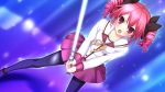  1girl angry anklet black_legwear drill_hair energy_sword fighting_stance game_cg hair_ribbon highres hyper_highspeed_genius jewelry lightsaber open_mouth pantyhose patricia_lancaster pink_hair purple_eyes ribbon school_uniform short_hair skirt solo sword twin_drills twintails violet_eyes weapon yukiwo 