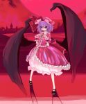  bat_wings blue_hair bow brooch dress jewelry large_bow mary_janes nanaashi pink_dress red red_eyes remilia_scarlet shadow shoes short_hair solo touhou white_legwear wings wrist_cuffs 