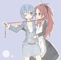  alternate_costume blue_eyes blue_hair blush collar disz123 enmaided femdom femsub leash long_hair mahou_shoujo_madoka_magica maid miki_sayaka multiple_girls ponytail red_hair redhead sakura_kyouko short_hair submissive 