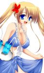  absurdres blonde_hair blue_eyes breasts cleavage colored erect_nipples flower frills front-tie_top hibiscus highres large_breasts lizlett_l_chelsie matra_milan omamori_himari open_mouth photoshop sarong shiny shiny_skin smile tray twintails 