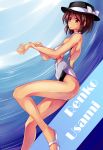  1girl bare_shoulders breasts brown_eyes brown_hair hat highres maullarmaullar one-piece_swimsuit sand short_hair solo swimsuit touhou usami_renko waves 