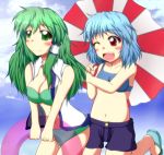  2girls altas bad_proportions bikini blue_hair blush breasts green_eyes green_hair hair_tubes kochiya_sanae long_hair multiple_girls navel open_mouth red_eyes short_hair shorts smile swimsuit tatara_kogasa touhou umbrella wink 