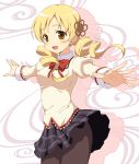  blonde_hair drill_hair highres mahou_shoujo_madoka_magica outstretched_arms pantyhose school_uniform skirt smile solo spread_arms tomoe_mami twin_drills twintails yamasan 