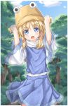  aqua_eyes blonde blonde_hair fang hair_ornament hat moriya_suwako roshia_nise_mango solo touhou 