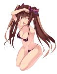 between_legs between_thighs bikini bow breasts brown_eyes brown_hair checkered checkered_bikini cleavage hair_bow hand_between_legs himekaidou_hatate kneeling kureha_(ironika) long_hair looking_at_viewer open_mouth pointy_ears seiza shading_eyes simple_background sitting skindentation smile solo swimsuit touhou twintails 