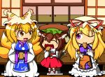  :d ^_^ aburaage animal_ears blonde_hair blush bow brown_hair cat_ears cat_tail chen chopsticks closed_eyes earrings eating eyes_closed fang feiton food fox_tail hat jewelry multiple_tails open_mouth porch purple_eyes sitting smile table tail tatami touhou veranda violet_eyes wink yakumo_ran yakumo_yukari yellow_eyes 