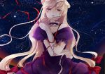  blonde_hair blue_eyes collar collarbone dress gloves hat kubikirisaikuru long_hair night night_sky open_mouth sky solo star touhou very_long_hair yakumo_yukari 