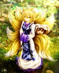  animal_ears blonde_hair brown_eyes brown_hair cat_ears cat_tail chen chibi earrings forest fox_ears fox_tail hat hat_removed headwear_removed highres jewelry libus multiple_girls multiple_tails nature short_hair tail touhou yakumo_ran yellow_eyes 
