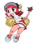  baseball_jersey buffalo_bell furry gloves hat horns looking_back mascot muramasa_mikado nippon_professional_baseball open_mouth orix_buffaloes panties pantyshot pink_hair pleated_skirt pom_poms pompoms red_eyes red_hair short_hair simple_background skirt smile tail underwear white_panties 