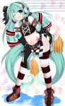  absurdres aqua_eyes aqua_hair atuuy belt detached_sleeves fang hatsune_miku headphones highres long_hair musical_note solo star striped striped_legwear sukage tattoo thigh-highs thighhighs twintails very_long_hair vocaloid wink 