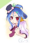  absurdres alternate_hairstyle animal_ears blue_hair blush face hair_ornament hair_up hairclip hands highres hinanawi_tenshi long_hair looking_at_viewer mini_hat musupon214 red_eyes simple_background solo tiny_hat touhou 