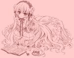  all_fours bangs blush book bow carnelian cup dress embarrassed flower frills gathers gosick gothic_lolita hair_flower hair_ornament hairband headdress hime_cut lace lolita_fashion lolita_hairband lolita_headband long_hair looking_at_viewer monochrome open_book pink pipe reading ribbon ruffles simple_background sketch solo tea teacup very_long_hair victorica_de_blois victorique_de_broix 