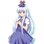  blue_dress blue_hair dress hands_on_own_chest hands_to_chest hat highres kamishirasawa_keine long_hair phantom2071 red_eyes silver_hair smile solo touhou 
