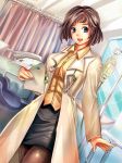  :d bed blue_eyes blush breasts brown_hair character_request doctor hospital hospital_bed intravenous_drip labcoat miniskirt open_mouth original pantyhose paper short_hair skirt smile solo stethoscope suoni_(deeperocean) 