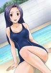  absurdres ahoge arm_support blue_hair blush breasts convenient_censoring convenient_leg dutch_angle highres idolmaster long_hair miura_azusa muhi11234 one-piece_swimsuit pool poolside red_eyes sitting smile solo swimsuit 