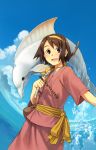  brown_eyes brown_hair character_request cloud copyright_request hairband jumping open_mouth sash sejima_kentarou sky solo water weapon whale 